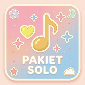 Urocza ikona uśmiechniętej nutki muzycznej z serduszkiem w pastelowych kolorach, symbolizująca Pakiet Solo Magicznej Piosenki.